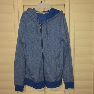 Blue zip-up jacket with a hoodie